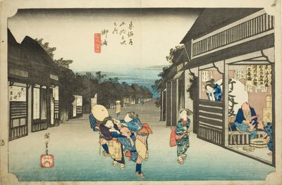 Goyu: Az utazókat megállító nők (Goyu tabibito tomeru onna), a „Tokaido ötvenhárom állomása (Tokaido gojusan tsugi no uchi)” sorozatból, más néven Hoeido Tokaido alkotó: Utagawa Hiroshige