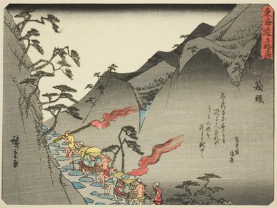 Hakone, a "Tokaido ötvenhárom állomása (Tokaido gojusan tsugi)" sorozatból, más néven Tokaido verssel (Kyoka iri Tokaido) alkotó: Utagawa Hiroshige