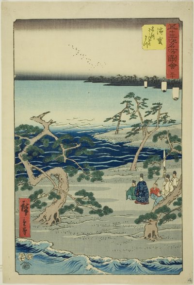 Hamamatsu: A híres mormogó fenyők (Hamamatsu, meisho zazanza no matsu), sz. 30 az "Ötvenhárom állomás híres látnivalói (Gojusan tsugi meisho zue)" sorozatból, amely Függőleges Tokaido néven is ismert alkotó: Utagawa Hiroshige