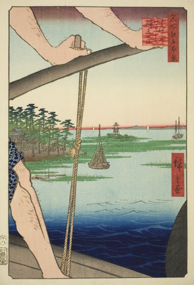 Haneda kompjavaslat d Benten Shline (Haneda no Watashi Benten no Yashiro), a te sorozatból: "Ridge for gerincek d fa net view of Edo (Edo száz híres kilátása)" alkotó: Utagawa Hiroshige