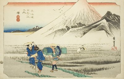 Hara: Fuji hegy reggel (Hara, asa no Fuji), a "Tokaido út ötvenhárom állomása (Tokaido gojusan tsugi no uchi)" sorozatból, más néven Hoeido Tokaido alkotó: Utagawa Hiroshige