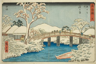 Hodogaya: Katabira folyó és Katabira híd (Hodogaya, Katabiragawa Katabirabashi) – 5. szám a "Tokaido ötvenhárom állomása (Tokaido gojusan tsugi)" sorozatból, más néven Reisho Tokaido alkotó: Utagawa Hiroshige