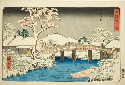 Hodogaya: Katabira folyó és Katabira híd (Hodogaya, Katabiragawa Katabirabashi) – 5. szám a "Tokaido ötvenhárom állomása (Tokaido gojusan tsugi)" sorozatból, más néven Reisho Tokaido alkotó: Utagawa Hiroshige