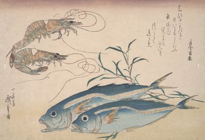 Fattyúmakréla, édesvízi garnélarák és tengeri moszat, 1832 körül alkotó: Utagawa Hiroshige