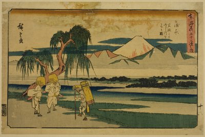 Kanbara: Kilátás a Fuji folyóra Iwafuchiból (Kanbara, Iwafuchi yori Fujikawa o miru zu), a "Tokaido ötvenhárom állomása (Tokaido gojusan tsugi no uchi)" sorozatból, más néven Gyosho Tokaido alkotó: Utagawa Hiroshige