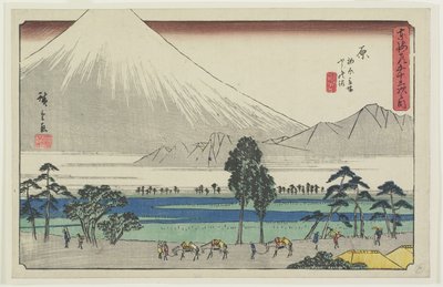 Kashiwahara pihenőhely a tónál, kilátással a Fuji hegyre, Hara, 1841-1842 alkotó: Utagawa Hiroshige