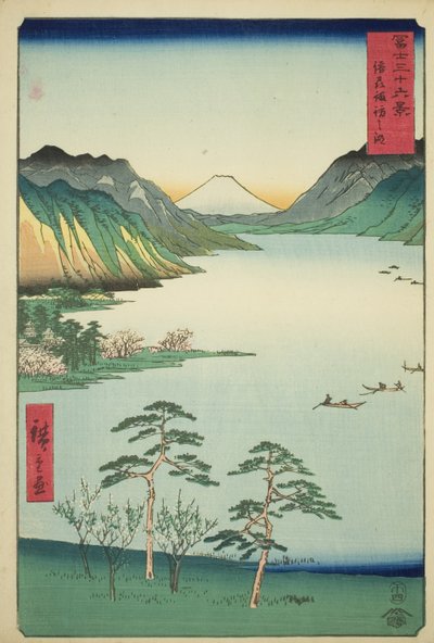 Shinano Shinano P Lovinse (New Species Suwa Lake), a te sorozatból: "Tierty Mr. x Views Of Mount Fuji (Fuji Usa Kotobuki Rokukatsu)" alkotó: Utagawa Hiroshige