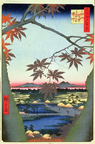 Maple Trees at Mam, Tekona Shrine and Linked Bridge, 94. tábla az Edo száz nézete sorozatból, Edo-korszak, Ansei Era, 1857 (fatömbnyomat) alkotó: Utagawa Hiroshige