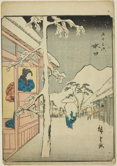 Minakuchi, a te sorozatból: „Ötvenhárom S tachi hang a városiasságból” (Goshuyama a következő) Minden alkalommal) alkotó: Utagawa Hiroshige