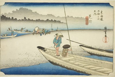 Mitsuke: Kilátás a Tenryu folyóra (Mitsuke, Tenryugawa zu), a "Tokaido ötvenhárom állomása (Tokaido gojusan tsugi no uchi)" sorozatból, más néven Hoeido Tokaido alkotó: Utagawa Hiroshige