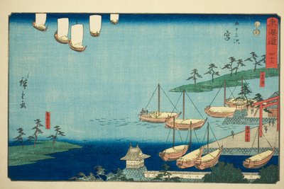 Miya: Shichiri kompátkelő, az Atsuta szentély kapuja és Nezame falu (Miya, Shichiri no watashi, Atsuta no torii, Nezame no sato) – 42. szám, a „Tokaido ötvenhárom állomása (Tokaido gojusan tsugi)” sorozatból ), más néven Reisho Tokaid alkotó: Utagawa Hiroshige