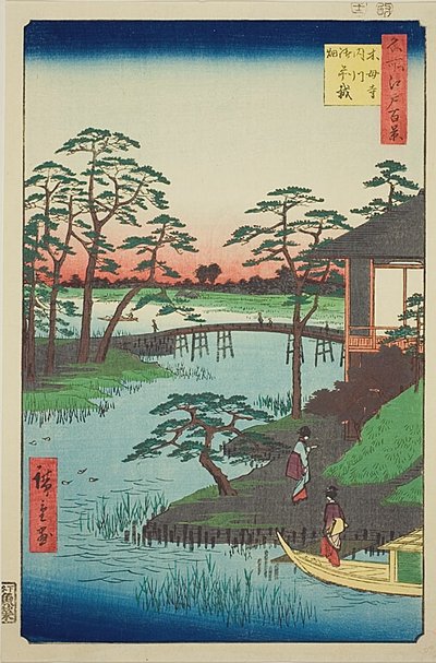 Mokubo templom, Uchigawa öböl, Gozensaihata (Mokuboji Uchigawa Gozensaihata), No.92 a "One Hundred Famous Views of Edo (Meisho Edo hyakkei)" sorozatból. alkotó: Utagawa Hiroshige