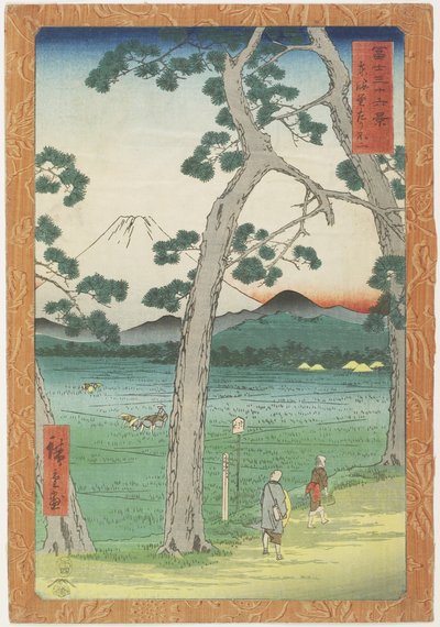 Fuji-hegy balra, a To_kaido_ útról nézve, 1858. április alkotó: Utagawa Hiroshige
