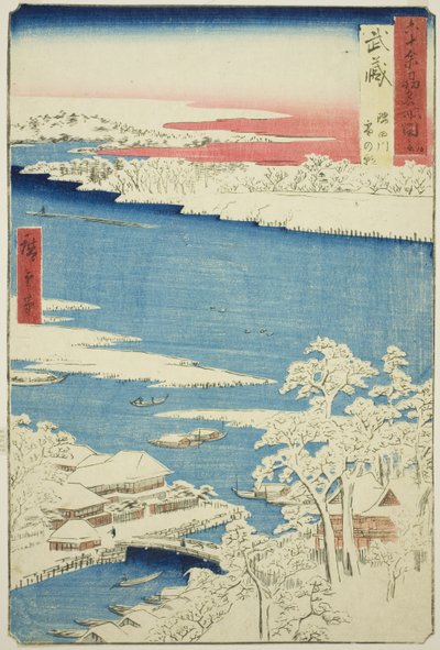 Musashi tartomány: Reggel hó után a Sumida folyón (Musashi, Sumidagawa yuki no ashita), a "Híres helyek a hatvanpár tartományban (Rokujuyoshu meisho zue)" sorozatból. alkotó: Utagawa Hiroshige