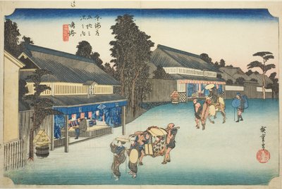 Narumi: Arimatsu híres nyakkendővel festett szövetei (Narumi, meibutsu Arimatsu shibori), a "Tokaido ötvenhárom állomása (Tokaido gojusan tsugi no uchi)" sorozatból, más néven Hoeido Tokaido alkotó: Utagawa Hiroshige