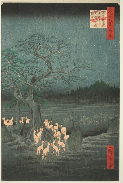 Szilveszter rókatüzek a változó fánál (Ōji shozoku enoki omisoka no kitsunebi), az Edo száz híres képe című sorozatból (Meisho Edo hyakkei) alkotó: Utagawa Hiroshige