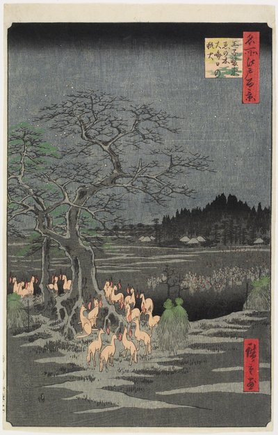 Szilveszteri rókatüzek a csalánfánál, O_ji, 1857. szeptember alkotó: Utagawa Hiroshige