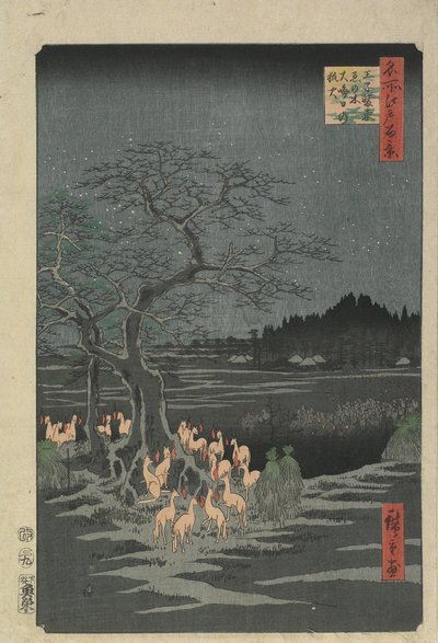 Szilveszter rókatüzek a Hackberry Tree-nél O_jiban, 1857 alkotó: Utagawa Hiroshige