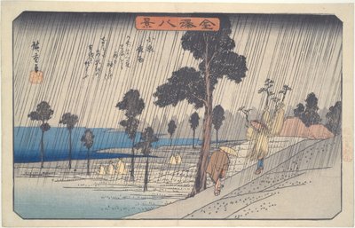 Éjszakai eső Koizumiban, a Kanazava nyolc látképe sorozatból alkotó: Utagawa Hiroshige