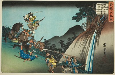 10. szám: Ushiwaka legyőzi Sekigahara Yoichit a Keage-hágón (Jukkai, Keage toge ni Ushiwaka Sekigahara Yoichi uchikiru), a "Yoshitsune élete (Yoshitsune ichidaiki no uchi)" sorozatból. alkotó: Utagawa Hiroshige
