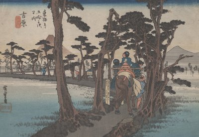 16. szám „Yoshiwara: Fuji a bal oldalon” A Tokaido 53 állomásáról, 1833 körül alkotó: Utagawa Hiroshige