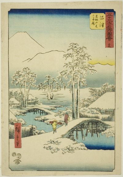 Numazu: A Fuji-hegy és az Ashigara-hegy hó utáni tiszta időben, 1. sz. 13 (Numazu, Ashigarayama Fuji no yukibare), a "Famous Sights of the Fifty-three Station (Gojusan tsugi meisho zue)" sorozatból, más néven a Függőleges Tokaido alkotó: Utagawa Hiroshige