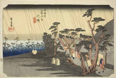 Oiso: Tora esője (Oiso, Tora ga ame), a "Tokaido út ötvenhárom állomása (Tokaido gojusan tsugi no uchi)" című sorozatból, amely Hoeido Tokaido néven is ismert. alkotó: Utagawa Hiroshige