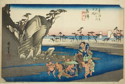 Okitsu: Az Okitsu folyó (Okitsu, Okitsugawa), a "Tokaido út ötvenhárom állomása (Tokaido gojusan tsugi no uchi)" sorozatból, más néven Hoeido Tokaido alkotó: Utagawa Hiroshige