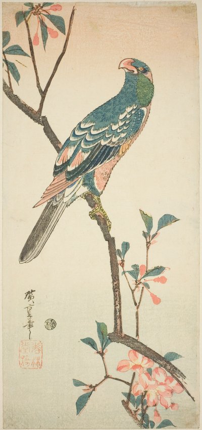 Papagáj egy virágzó ágon alkotó: Utagawa Hiroshige