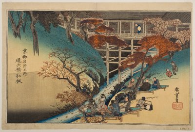 Vörös juharfák a Tsūten hídnál, a „Kyōto híres helyei” sorozatból alkotó: Utagawa Hiroshige