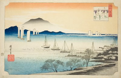Emberek sora ismét a Yatsuhashinál (a Yatsuhashi normája), a te sorozatból: „Angol ght view of omi (Omi hakkei no uchi)” alkotó: Utagawa Hiroshige