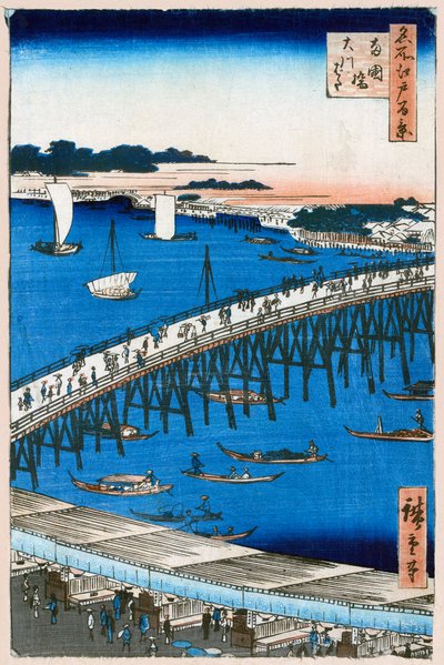 Folyópart a Ryogoku-hídnál Edo száz híres kilátása, 1856-1858. alkotó: Utagawa Hiroshige