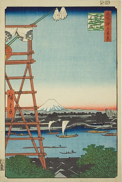 Ryogoku Ekoin és Moto-Yanagi híd (Ryogoku Ekoin Moto-Yanagibashi), No.5 a "Száz híres nézet Edóról (Meisho Edo hyakkei)" sorozatból. alkotó: Utagawa Hiroshige
