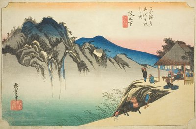 Sakanoshita: A Fudesute hegy csúcsa (Sakanoshita, Fudesute bánya), a "Tokaido ötvenhárom állomása (Tokaido gojusan tsugi no uchi)" sorozatból, más néven Hoeido Tokaido alkotó: Utagawa Hiroshige