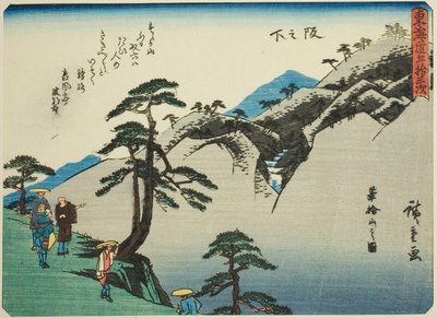 Sakanoshita: Kilátás a Fudesute-hegyre (Sakanoshita, Fudesuteyama no zu), a „Tokaido ötvenhárom állomása (Tokaido gojusan tsugi)” sorozatból, más néven Tokaido verssel (Kyoka iri Tokaido) alkotó: Utagawa Hiroshige