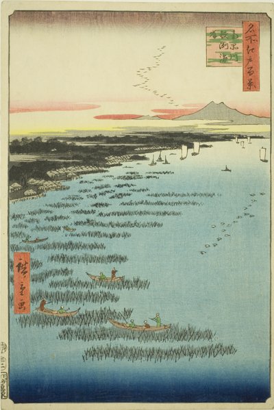 Samezu törzstag Shinagawa (Shinagawa Samezu partvidék déli része), a „Ridge dre d fa net kilátásai Edora (Edo száz híres látnivalója)” sorozatból. alkotó: Utagawa Hiroshige