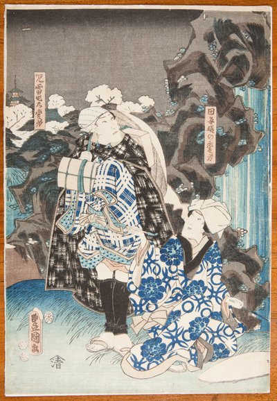 Színházi jelenet – egy nő és egy férfi egy vízesés előtt alkotó: Utagawa Hiroshige