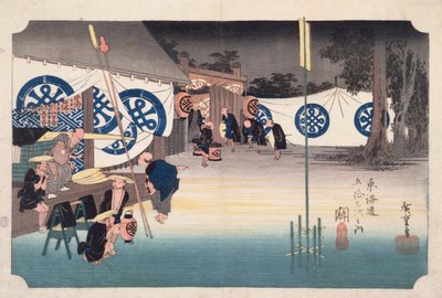 Seki, korai indulás a Daimyos Inntől, a Tokaido Highway ötvenhárom állomásáról, 1834 körül (fatömb színes nyomat) alkotó: Utagawa Hiroshige