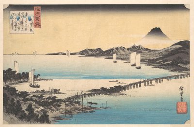 Seta no Sekisho. Naplemente, Seta. Biwa-tó alkotó: Utagawa Hiroshige