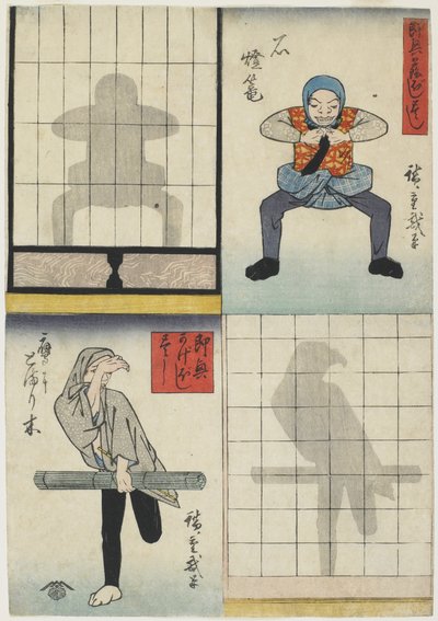 Lámpás és sólyom árnyékfigurái, 1842 körül (színes fatömbnyomat) alkotó: Utagawa Hiroshige