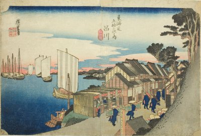 Shinagawa: Sunrise (Shinagawa, hinode), a "Tokaido út ötvenhárom állomása (Tokaido gojusan tsugi no uchi)" sorozatból, más néven Hoeido Tokaido alkotó: Utagawa Hiroshige