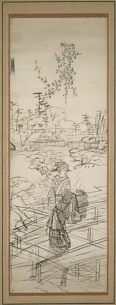Hídon átkelő nő vázlata alkotó: Utagawa Hiroshige