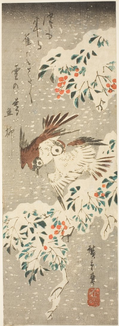 Verebek repkednek a hóval borított Nandina körül, miközben egyre több hó esik alkotó: Utagawa Hiroshige