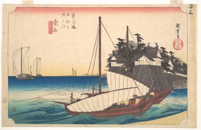 Negyvenharmadik állomás: Kuwana, hét ri-s komp a kikötőben, a Tokaido ötvenhárom állomása sorozatból alkotó: Utagawa Hiroshige