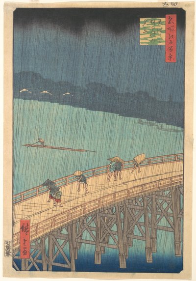 Hirtelen zápor a Shin-Ōhashi híd és Atake felett, az Edo száz híres látképe című sorozatból alkotó: Utagawa Hiroshige