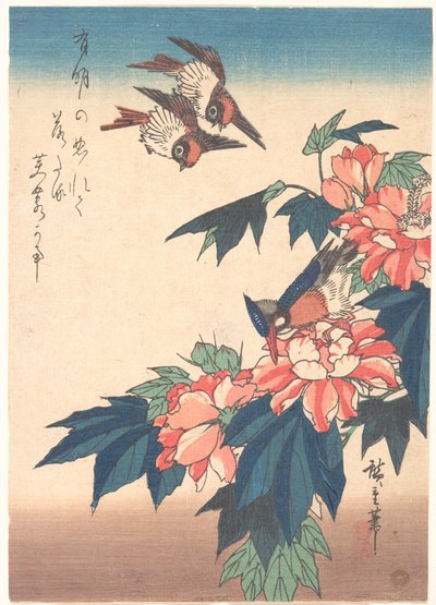 Fecskék és jégmadár rózsamályvákkal alkotó: Utagawa Hiroshige