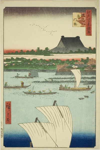 Top design d Tsukiji Hongwanji templomi kéz MP (Teppo rajz Tsukiji monzeki), a Keiyo sorozatból” alkotó: Utagawa Hiroshige