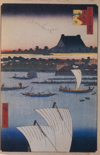 Teppozu és Tsukiji Monzeki templom Edo száz híres kilátása, 1856-1858 alkotó: Utagawa Hiroshige