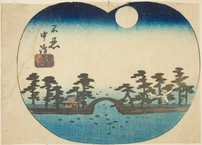 A Benten Shine a Shinobazu-tó belső szigetén (Shinobazu Nakajima Bentensha), egy lap része a "Híres helyek kivágásai Edoban (Harimaze Koto meisho)" sorozatból. alkotó: Utagawa Hiroshige