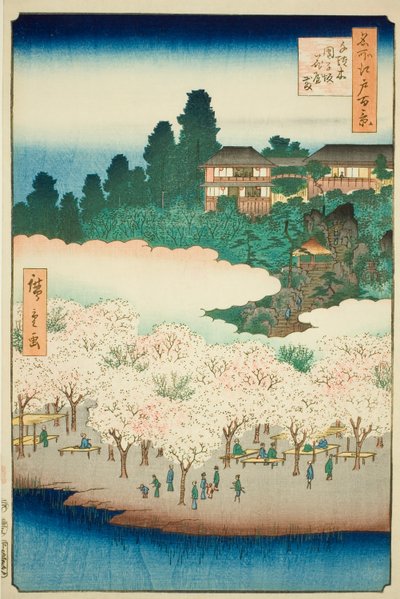 A virágpavilon a Dango lejtőn, Sendagi (Sendagi Dangozaka Hanayashiki), 16. sz. a "Száz híres nézet Edóról (Meisho Edo hyakkei)" sorozatból. alkotó: Utagawa Hiroshige